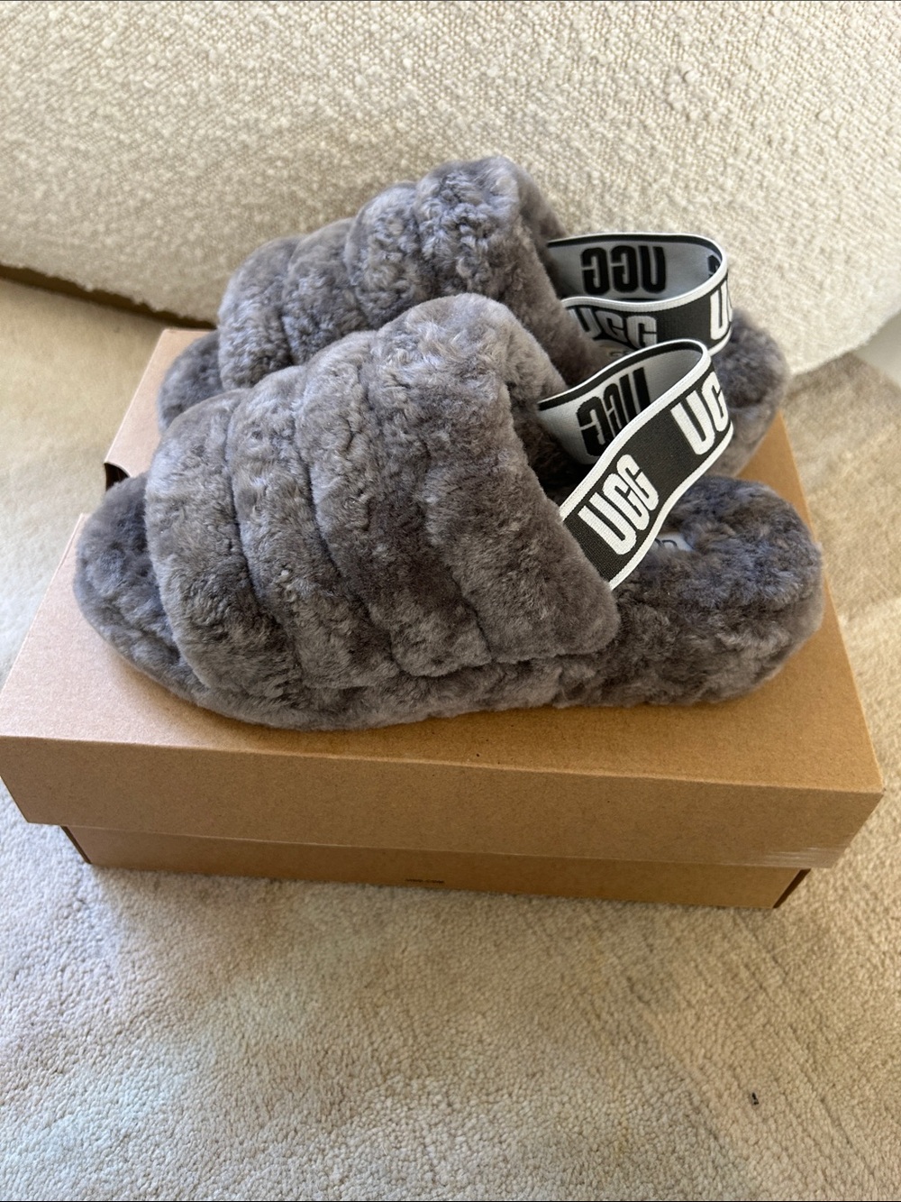UGG Plush Furry Slide Slippers in Gray